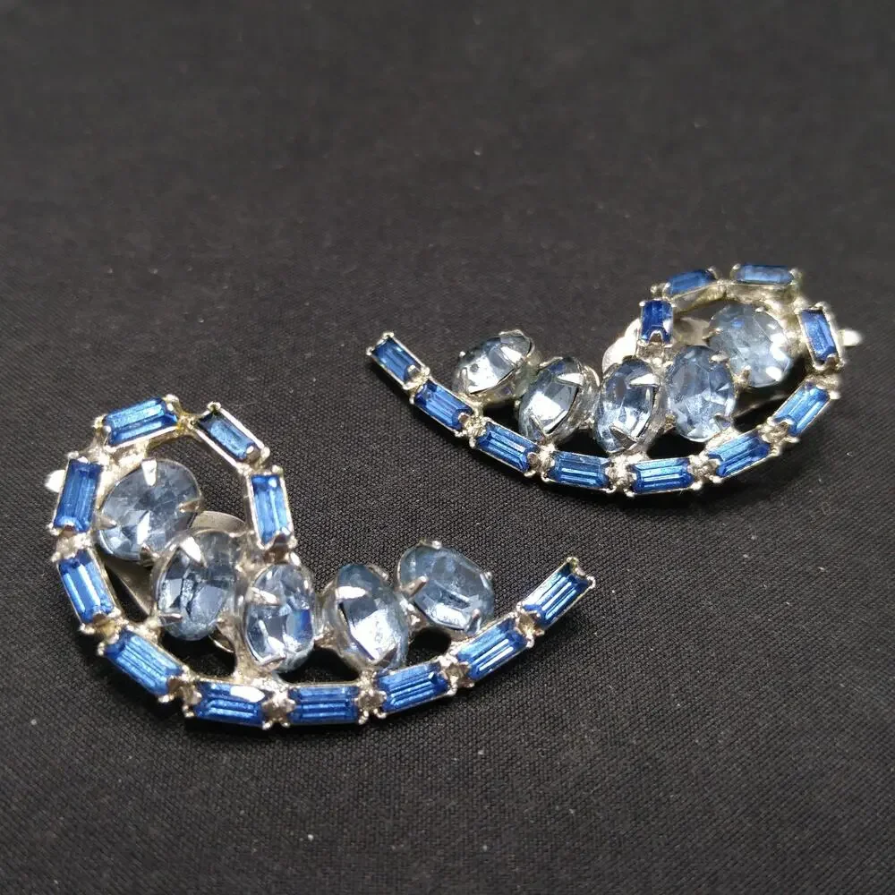 Vintage 1960s Light Blue Rhinestone Ear Climber Clip Earrings, Rhodium Plated